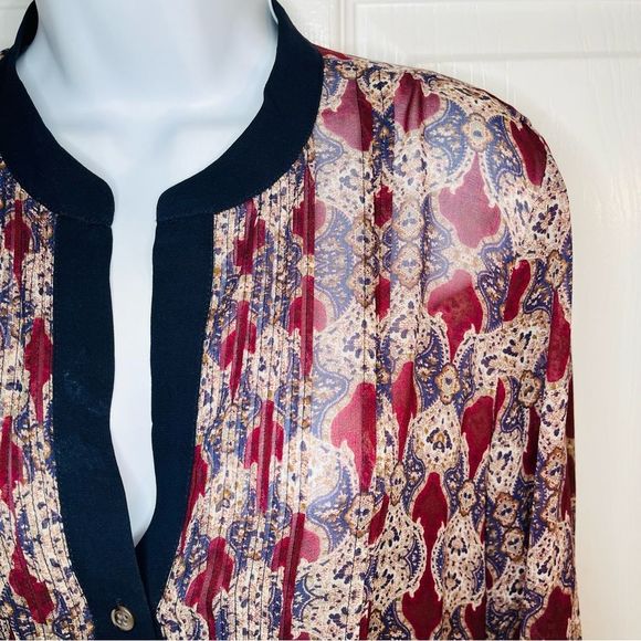 Club Monaco Sheer Silk Micro Pleat Front Drop Waist Dress Maroon Navy 4 - Picture 2 of 9